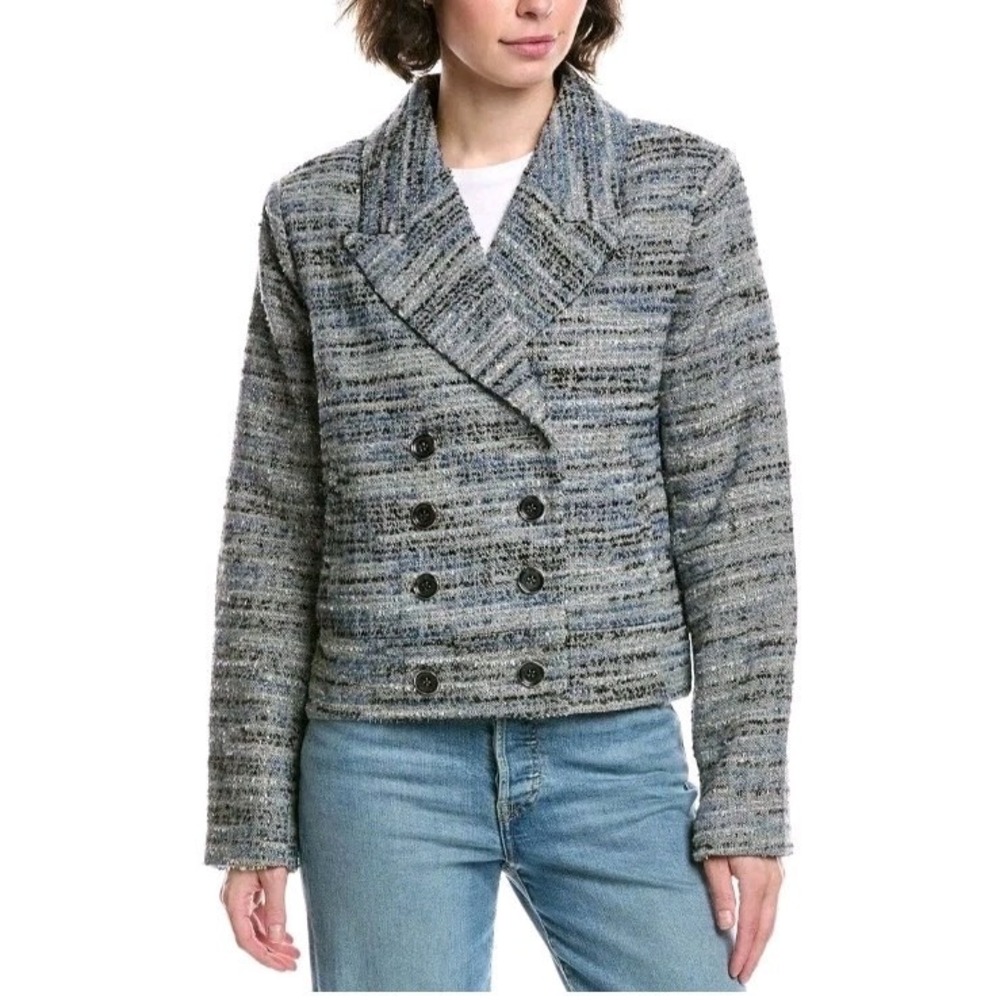 Cabi Tweed Jacket Women Medium Blue Grey Metallic Double Breasted Cropped